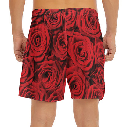 Red Rose Print Men's Split Running Shorts