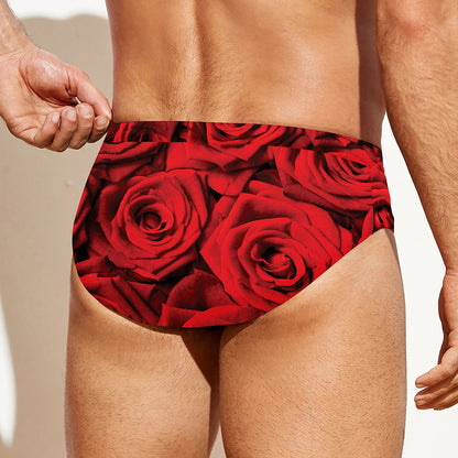 Red Rose Print Men's Swim Briefs