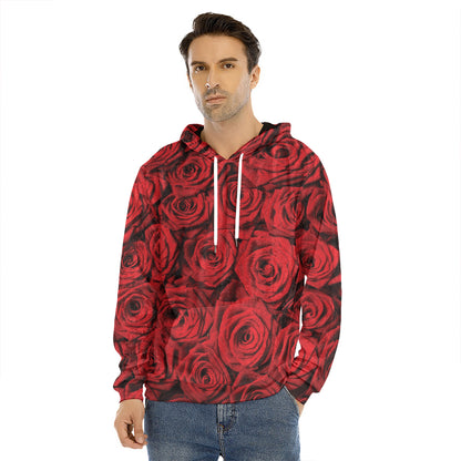 Red Rose Print Men's Velvet Pullover Hoodie