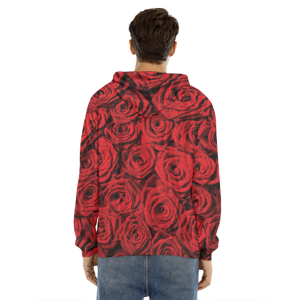 Red Rose Print Men's Velvet Pullover Hoodie
