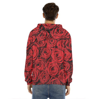 Red Rose Print Men's Velvet Pullover Hoodie