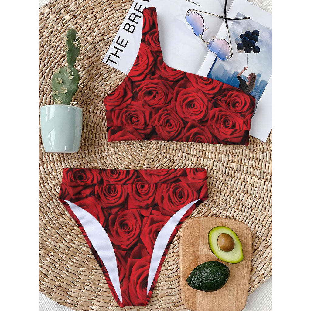 Red Rose Print One Shoulder Bikini Top