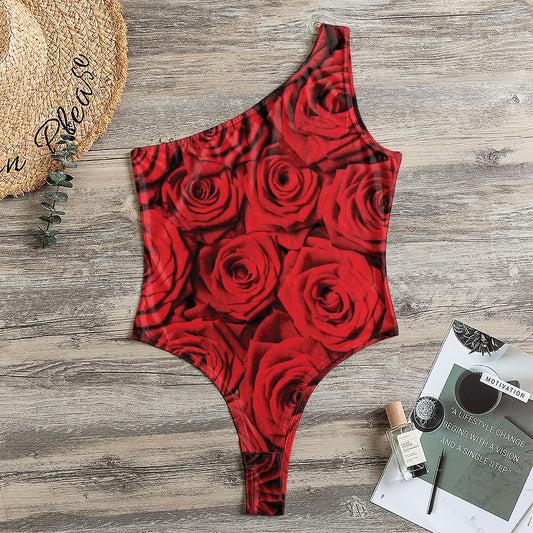 Red Rose Print One Shoulder Bodysuit