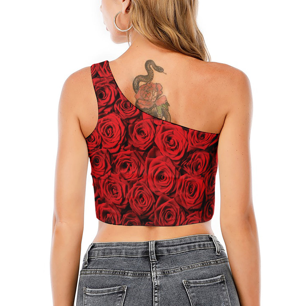 Red Rose Print One Shoulder Crop Top