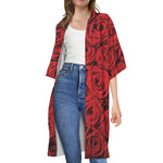 Red Rose Print Open Front Beach Cover Up