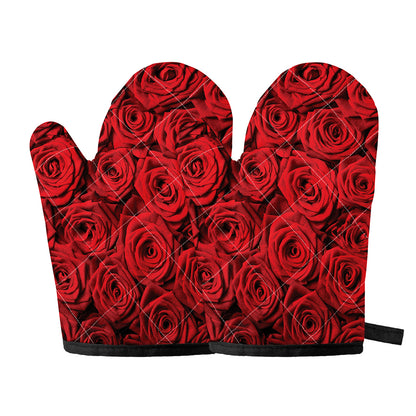 Red Rose Print Oven Mitts