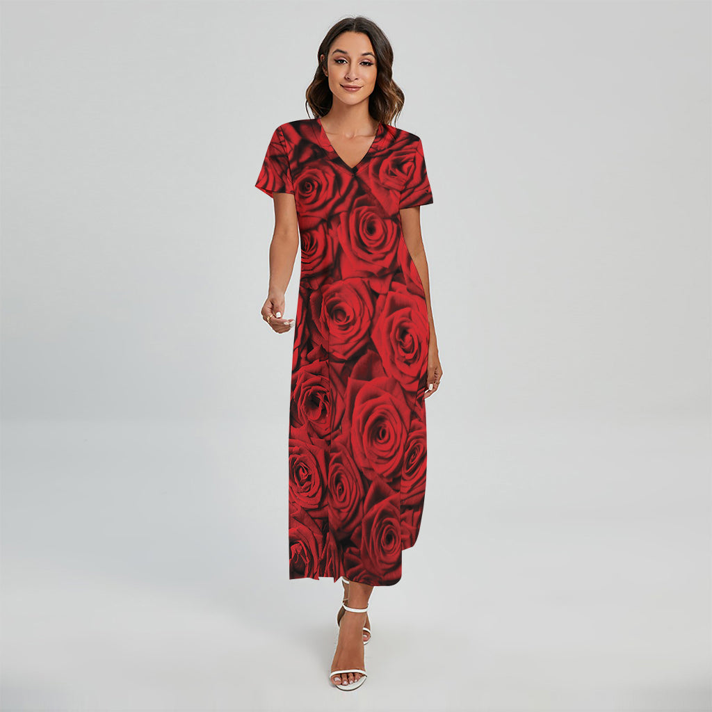 Red Rose Print Short Sleeve Maxi Dress