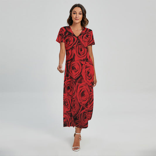 Red Rose Print Short Sleeve Maxi Dress