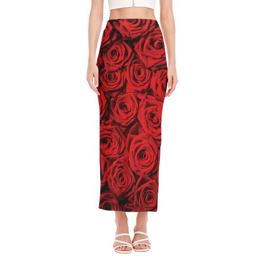 Red Rose Print Side Slit Maxi Skirt