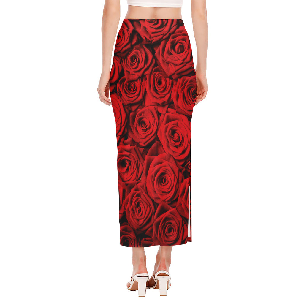 Red Rose Print Side Slit Maxi Skirt