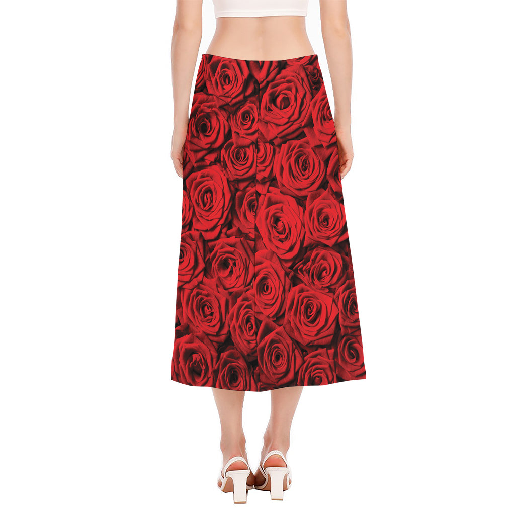 Red Rose Print Side Slit Midi Skirt