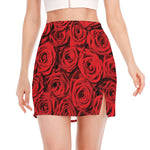 Red Rose Print Side Slit Mini Skirt