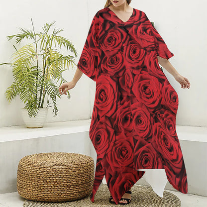Red Rose Print Silk V-Neck Kaftan Dress