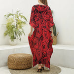 Red Rose Print Silk V-Neck Kaftan Dress
