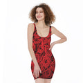 Red Rose Print Sleeveless Bodycon Dress