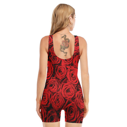 Red Rose Print Sleeveless One Piece Swimsuit