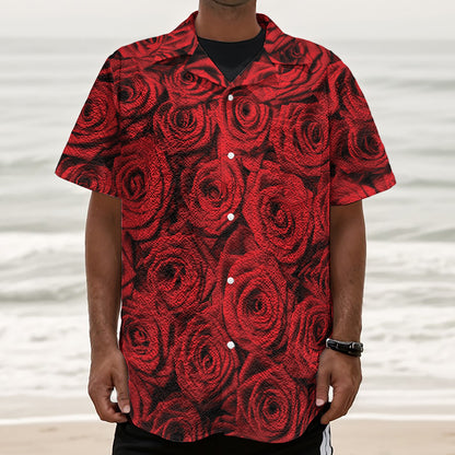 Red Rose Print Textured Short Sleeve Shirt