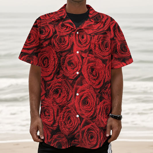 Red Rose Print Textured Short Sleeve Shirt