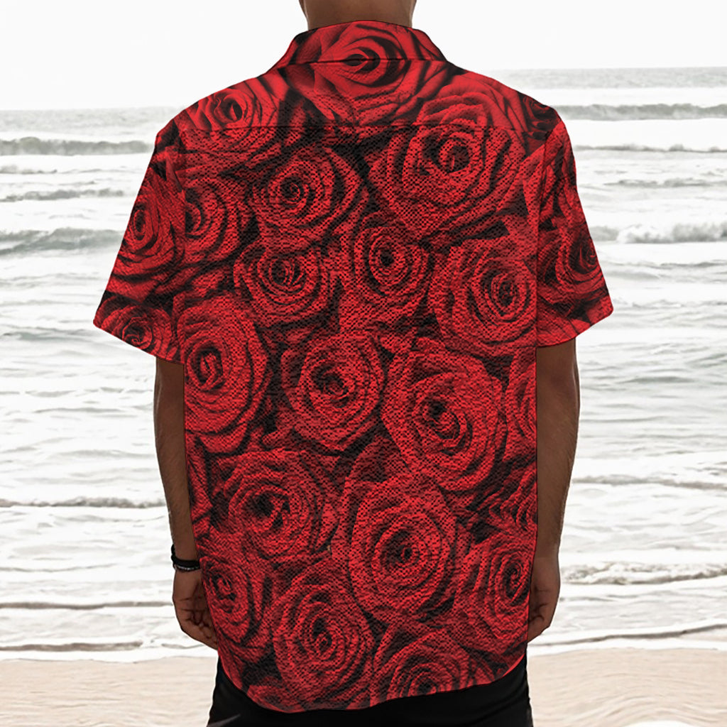 Red Rose Print Textured Short Sleeve Shirt