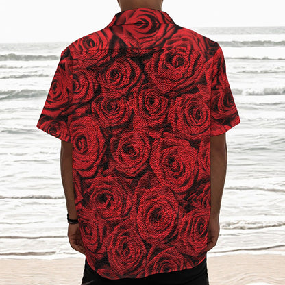 Red Rose Print Textured Short Sleeve Shirt