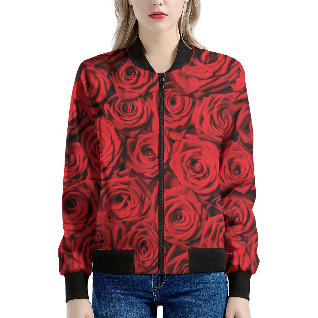 Red Rose Print Women's Bomber Jacket