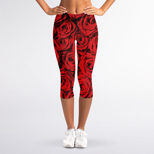 Red Rose Print Women's Capri Leggings