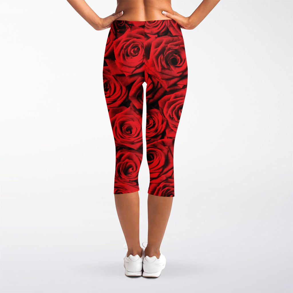 Red Rose Print Women's Capri Leggings