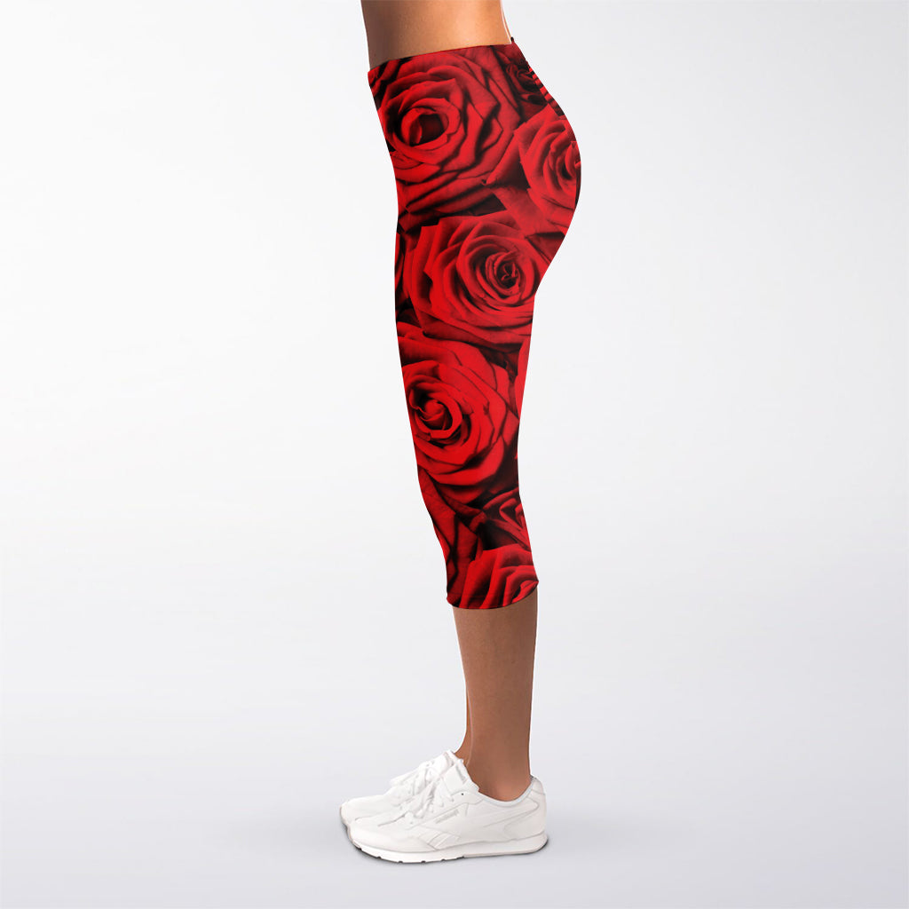 Red Rose Print Women's Capri Leggings