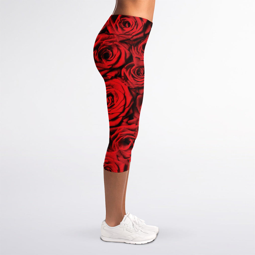 Red Rose Print Women's Capri Leggings