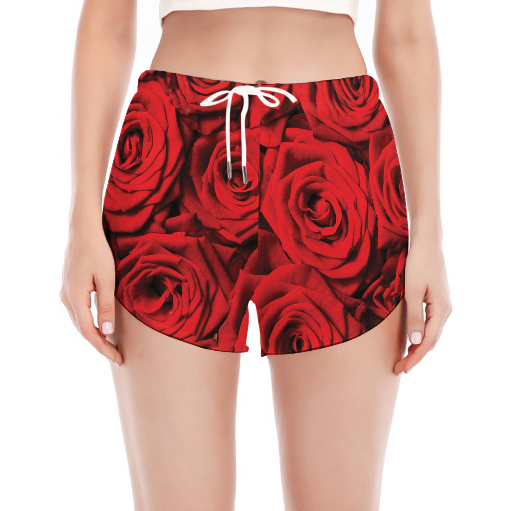 Red Rose Print Women's Split Running Shorts