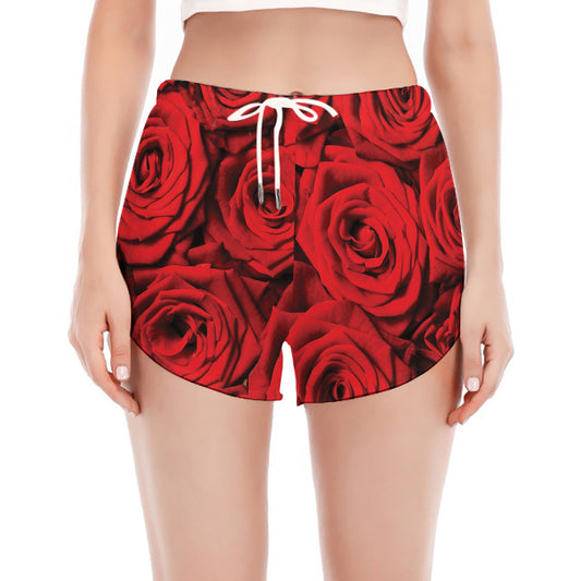 Red Rose Print Women's Split Running Shorts