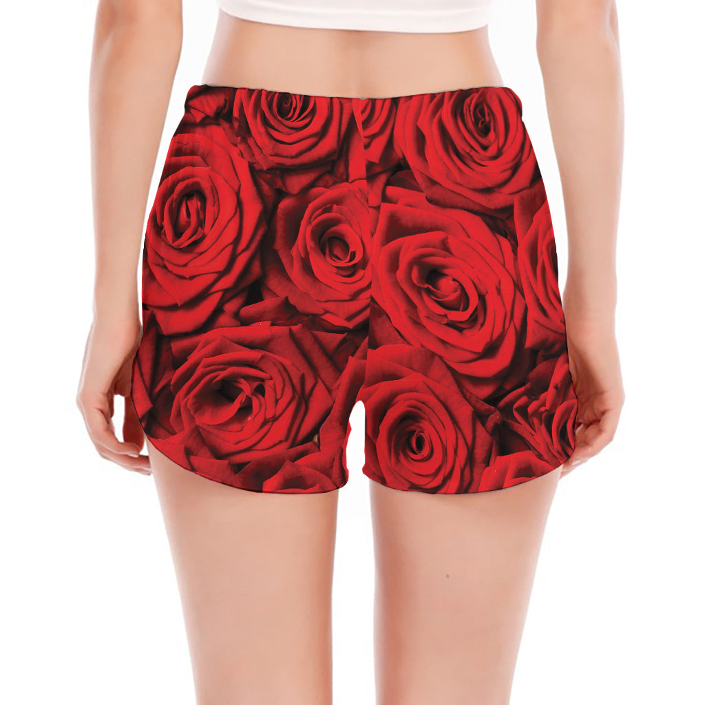 Red Rose Print Women's Split Running Shorts