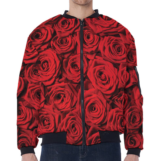 Red Rose Print Zip Sleeve Bomber Jacket