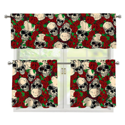 Red Rose Skull Pattern Print 3 Piece Kitchen Curtains