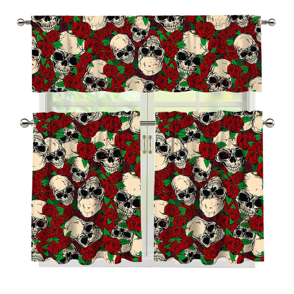 Red Rose Skull Pattern Print 3 Piece Kitchen Curtains