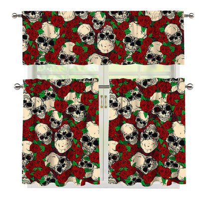 Red Rose Skull Pattern Print 3 Piece Kitchen Curtains