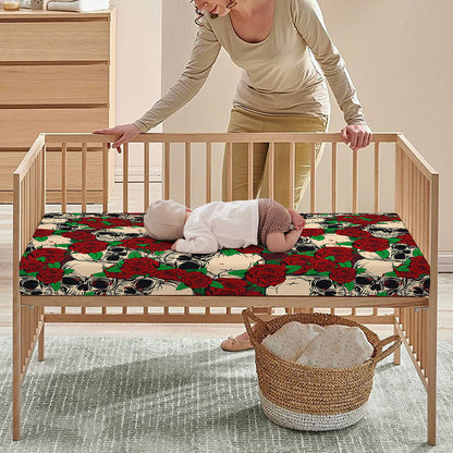 Red Rose Skull Pattern Print Baby Crib Sheet