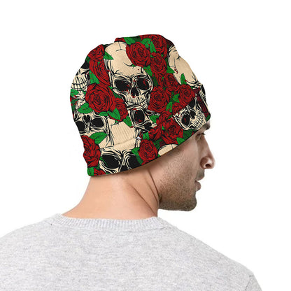 Red Rose Skull Pattern Print Beanie