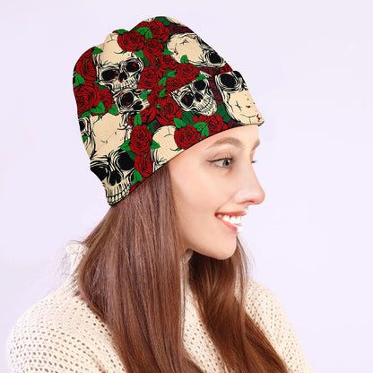 Red Rose Skull Pattern Print Beanie