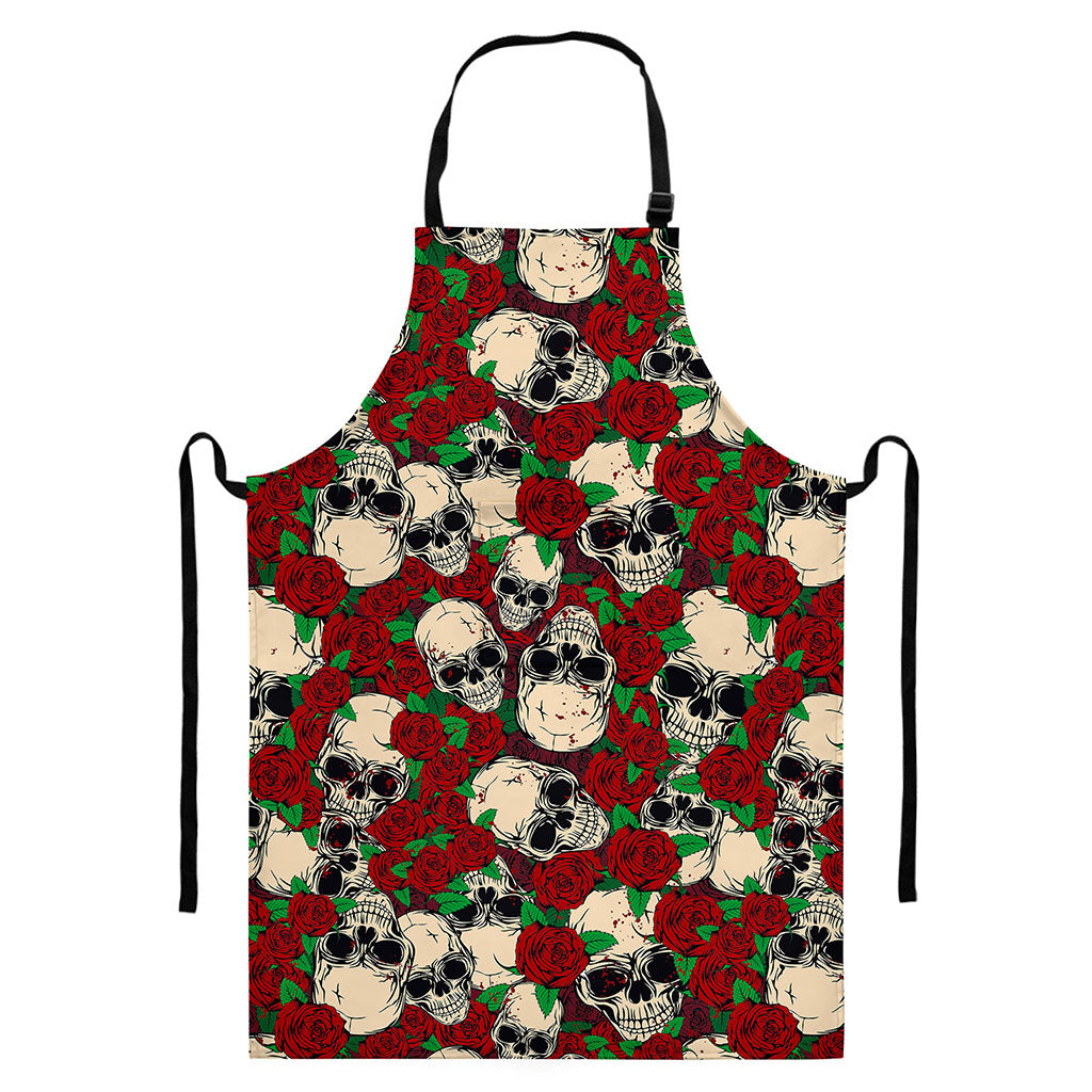 Red Rose Skull Pattern Print Bib Apron With Pocket