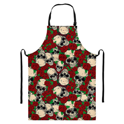Red Rose Skull Pattern Print Bib Apron With Pocket