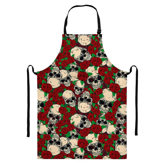 Red Rose Skull Pattern Print Bib Apron With Pocket