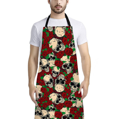 Red Rose Skull Pattern Print Bib Apron With Pocket