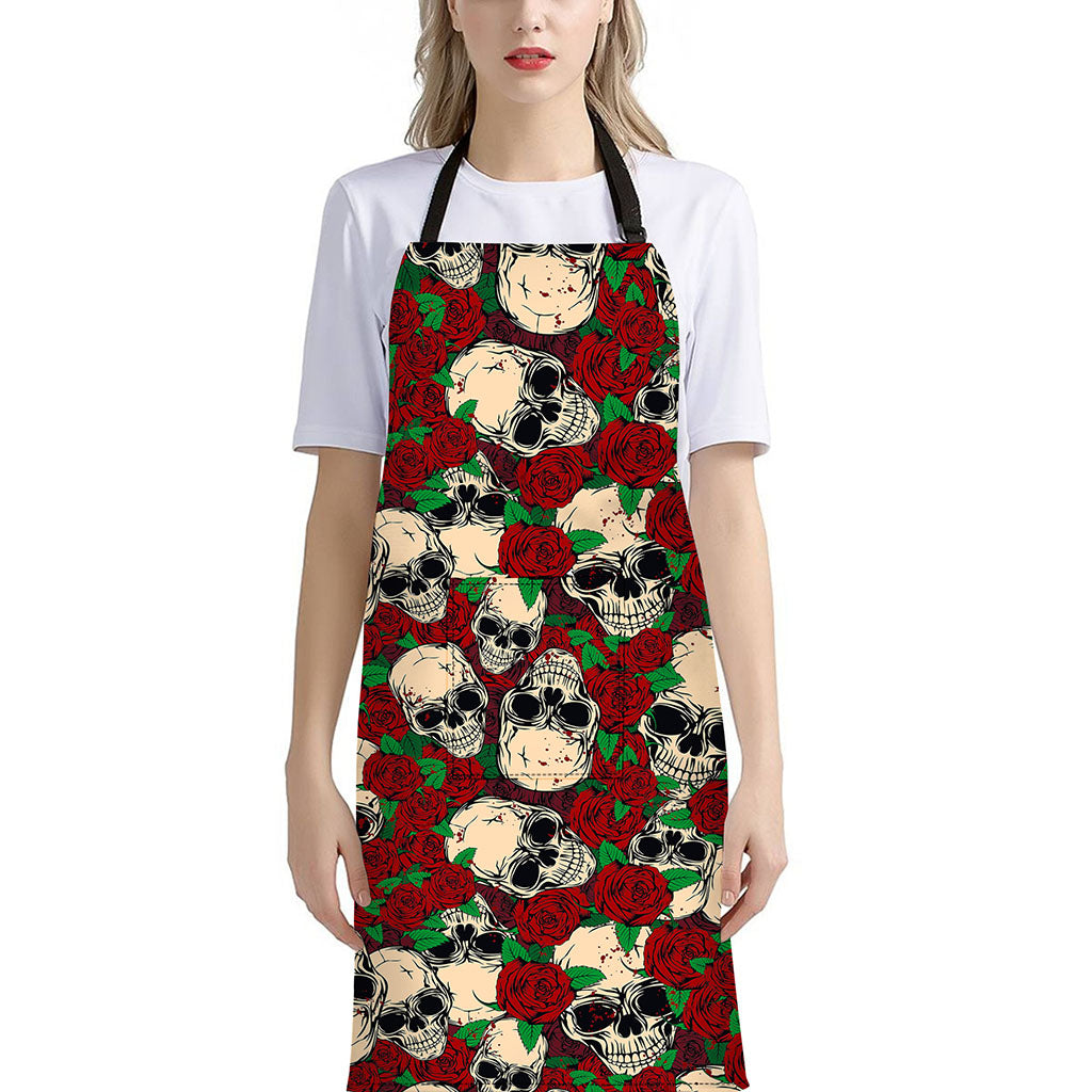 Red Rose Skull Pattern Print Bib Apron With Pocket