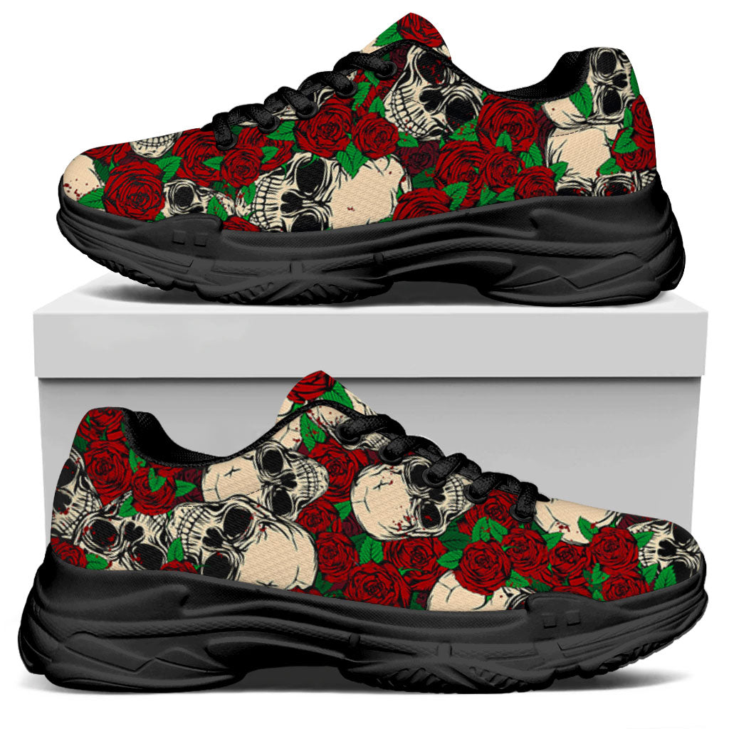 Red Rose Skull Pattern Print Black Chunky Shoes