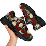 Red Rose Skull Pattern Print Black Chunky Shoes