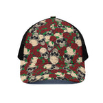 Red Rose Skull Pattern Print Black Mesh Trucker Cap