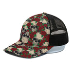 Red Rose Skull Pattern Print Black Mesh Trucker Cap