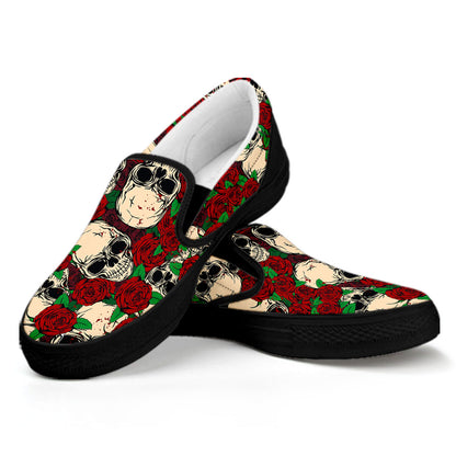 Red Rose Skull Pattern Print Black Slip On Sneakers