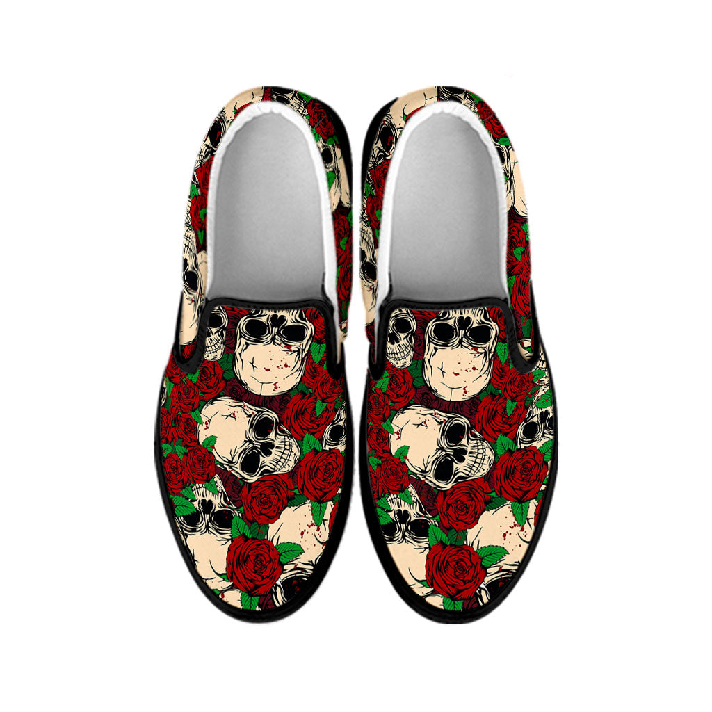 Red Rose Skull Pattern Print Black Slip On Sneakers
